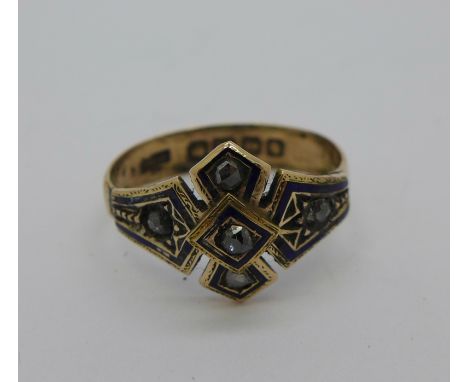 A 9ct gold ring set with five old cut diamonds, enamel a/f, 3.6g, P 