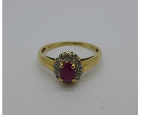 A 9ct gold, diamond and ruby ring, 1.8g, M 