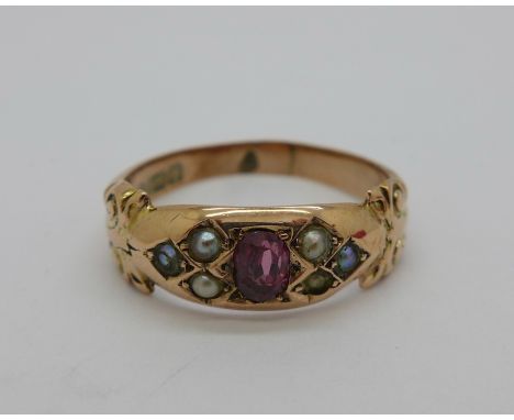 A 9ct gold, ruby and pearl ring, Chester 1906, 3g, P 