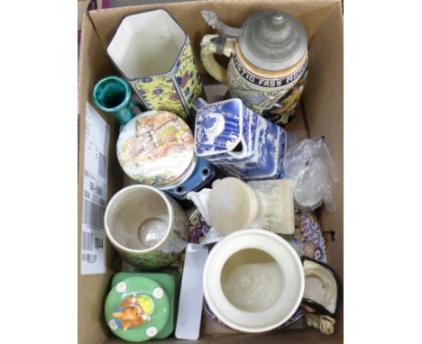 A collection of mixed china including Royal Worcester dragon plates, vases, musical stein, etc. 
