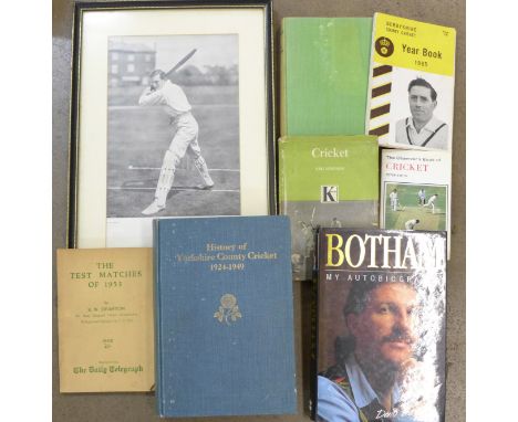 A signed Ian Botham book, a signed Reg Simpson book and other cricket books and a cricket print 