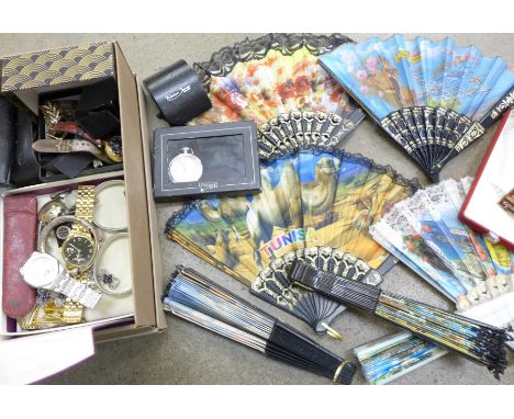 A collection of costume jewellery, watches and fans, including a 9ct gold ring (scrap) 1.9g and a silver Albert and cross, 43