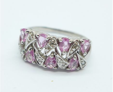 A 9ct gold, diamond and pink sapphire ring, 4.2g, Q 