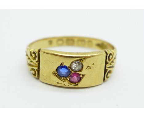 A Victorian 18ct gold, diamond, sapphire and ruby ring, Birmingham 1893, 2.6g, M 