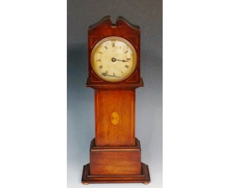 An Edwardian inlaid mahogany miniature longcase clock with stylised swan neck pediment, the "hood" inlaid with boxwood string