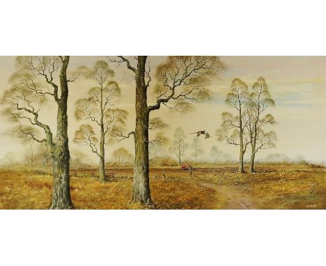 John Caesar Smith- winter scene with tractor ploughing, pheasants in flight, oil on canvas, signed lower right, 44cm x 90cm, 