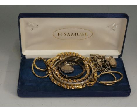 A selection of costume jewellery, to include: a silver foliate engraved bangle with safety chain, by Joseph Smith & Sons Ltd,