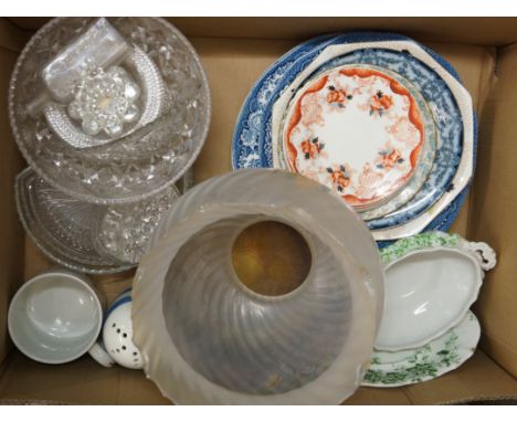 A selection of items to include: various Victorian and later ceramics; a frosted spirally fluted glass lamp shade; several cu