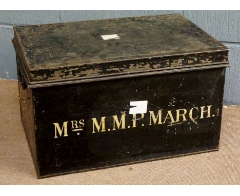 A late 19th / early 20th Century tin travelling trunk, painted black and with the name Mrs M.M.P. March painted to one side, 