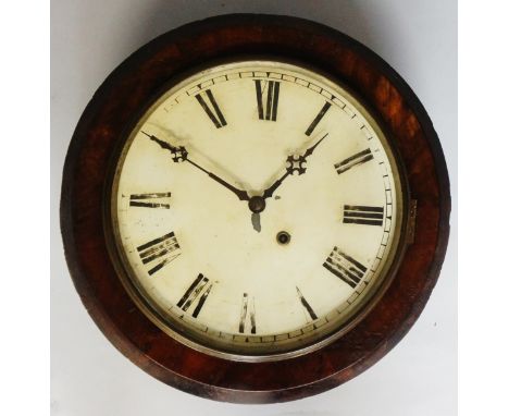 A Victorian mahogany cased wall clock, the cream enamel dial with Roman numerals, blued steel hands, lacquered brass bezzle a