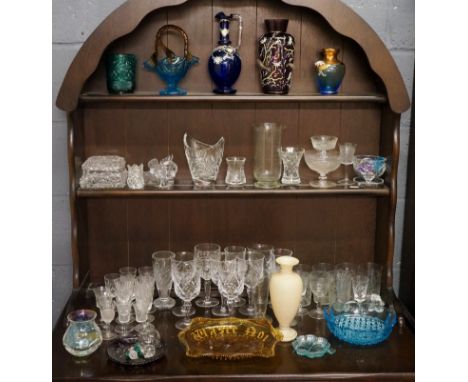 A large quantity of glassware to include : a set of five fauna and flora engraved glass tumblers; a variety of cut glass gobl