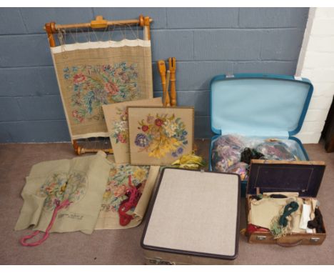 A large selection of tapestry related items to include: several tapestry panels, a framed tapestry fire screen, a collection 