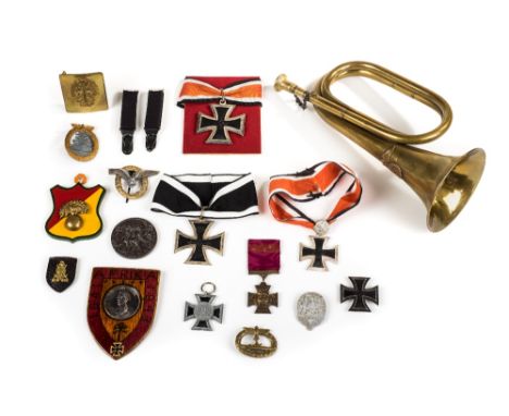 *Third Reich. A mixed collection of WWII German items, including a brass bugle with eagle and swastika badge, 1st Class Iron 