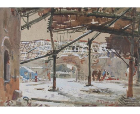 *Mace (John Edmund). A war-torn winter scene in Arras, 1918,  pencil, watercolour and gouache on buff paper, signed and dated