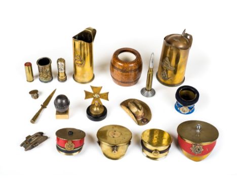 *Trench Art. A collection of WWI and later brass Trench Art,  including a miniature officer's cap of the Royal Engineers made