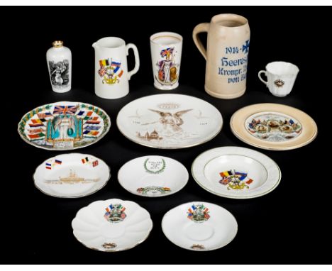 *WWI Ceramics.  A large collection of British and German commemorative ceramics,  including jugs, vases, dishes, teapot, cups