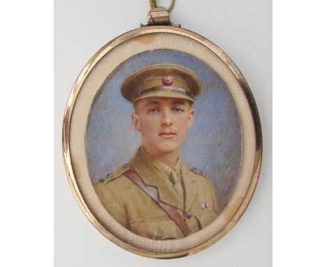 *Military miniature. Lieutenant of the Durham Light Infantry wearing an MC ribbon, by E. Pratt, circa 1918,  oval gouache on 