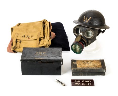 *Air Raid Precaution. A WWII ARP collection,  including a 1945 battle dress blouse, helmet bag, gas mask, wardens helmet with