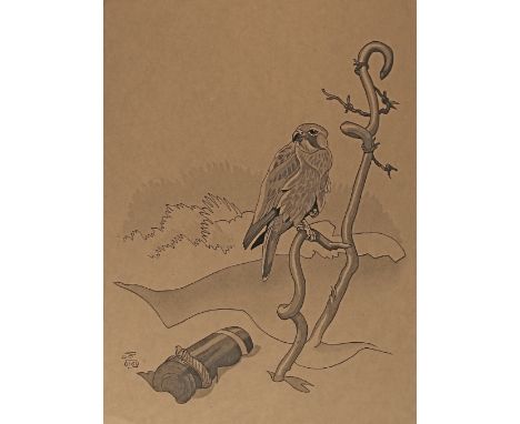 *Kelly (Lieutenant Richard Barrett Talbot, 1896-1971). A Kestrel Perched on a Barbed Wire Picket, Arras, Winter 1917,  pen an