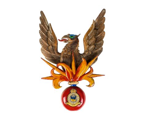 *RAF Squadron. Carved emblem of 56 Fighter Squadron,  carved as a phoenix with burst of flames beneath, the base applied with