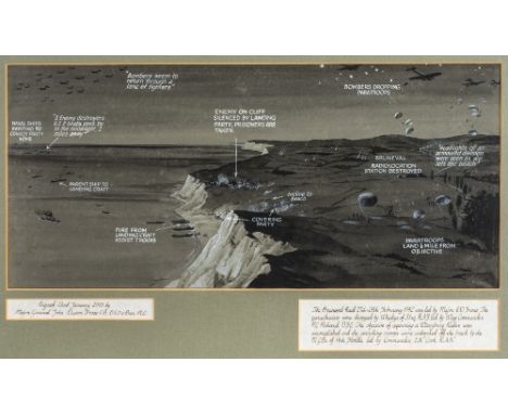 *WWII - Bruneval Raid. An original monochrome and gouache watercolour by E.G. L[ambert], circa 1950s,  showing the parachutis
