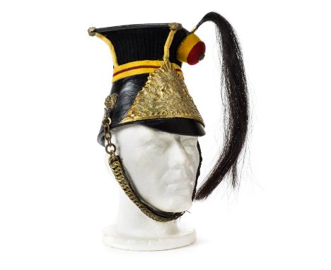 *XVI Lancers. A late 19th century British Lance Cap (czapka),  the black leather bell top helmet with regimental colours and 