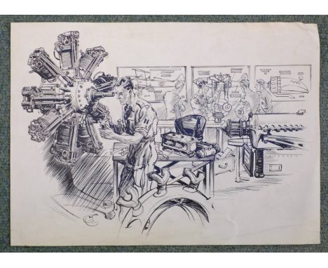 *Scene in an Aircraft Engine Workshop. An unframed pen-and-ink drawing on thin card  showing an engineer working on the crank