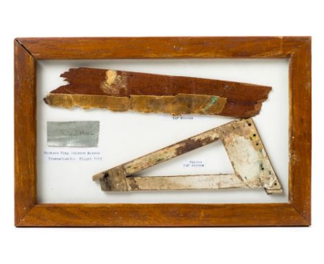 *Early Aviation. A framed collection of early aircraft parts,  comprising a piece of silver fabric inscribed 'Vimy Science Mu