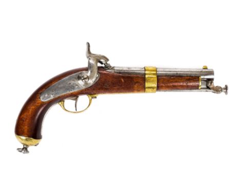 *Pistol. 19th century French chatellerault percussion pistol,  the 15cm circular barrel with walnut stock side plate stamped 