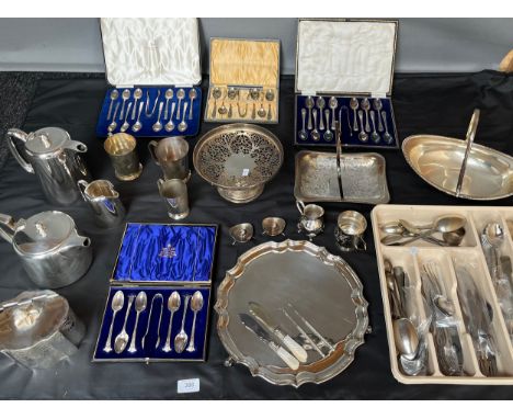 A Collection of Silver plate and E.P Wares to include boxes of cutlery, swing handle baskets, loose cutlery, pie crust servin