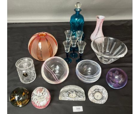 A Lot of Art Glass and crystal to include Poland orange etched bulbous bud vase, Danish blue glass decanter with five matchin