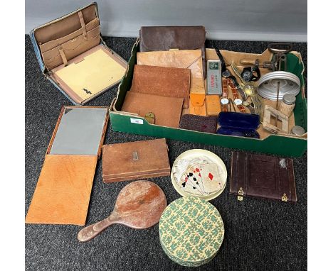 A Box of collectable odds to include hand stitched card deck patch, churn, wicker weaved preserve pots, Various odds, Leather