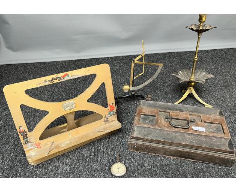 Antique desk stand, Brass candle holder, The Bershaw book rest hand painted in an oriental manner, New Haven Golfometer and p