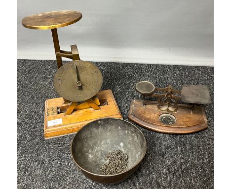 A Lot of two antique scales and copper hanging item, Houghton &amp; Gunn 162 Bond St, Parcel Post Balance. 