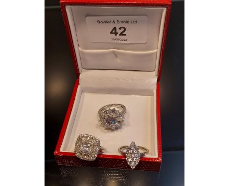 A Lot of three 925 silver ladies rings set with white glass stones. [Ring size I &amp; K] 