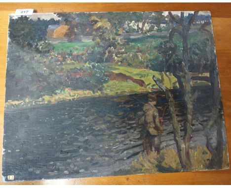 Oil on canvas depicting a man fishing the river signed  Vereker . Monteith. Hamilton [Scottish 1856-1931] [36x46cm] 