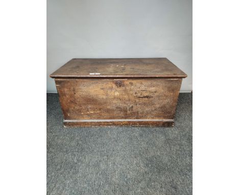 Antique pine stained travel trunk, Interior is fitted with small drawers and shelf area. [53x106x59cm] 
