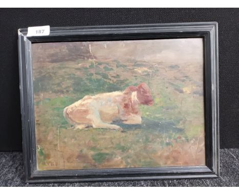 Antique oil painting titled 'Meditation' depicting a cow laying down. Art by Vereker . Monteith. Hamilton [Scottish 1856-1931