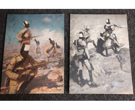 2 oil on canvas/board depicting soldiers attributed Vereker . Monteith. Hamilton [Scottish 1856-1931][36x27cm] 