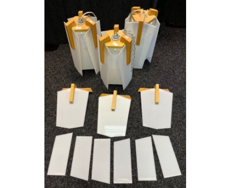 A Lot of three mid century Scandinavian style hanging lights, Together with three matching wall lights, Made up of white Pers