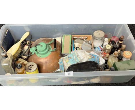 A Box of collectable odds to include apothecary bottles, first aid items, Copper and green enamel lamp, Art Deco chrome and g