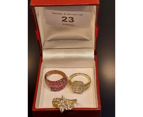 Three ladies silver rings, A Ladies 925 Silver rose gilt ring set with Ruby, CZ and glass stones [Ring size K], 925 Gold tone