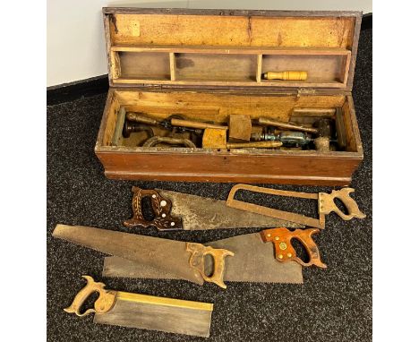 Antique pine shipwright joiners tool chest containing a large quantity of vintage wood working tools. Saws, hand drills and m