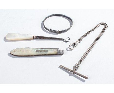 Mixed lot, to include a silver fruit knife, a watch chain, a buckle and button hook