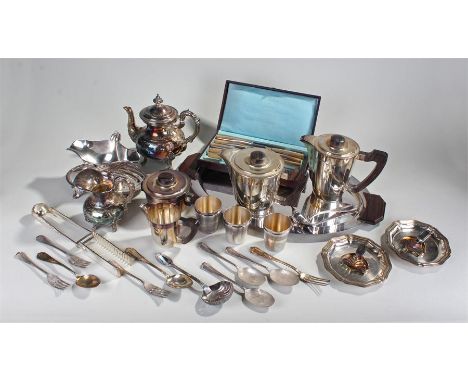 **Silver plated wares, to include a coffee and Tea set with tray, flatware, jugs, sauce boat, etc (qty)
UK Postage: £20