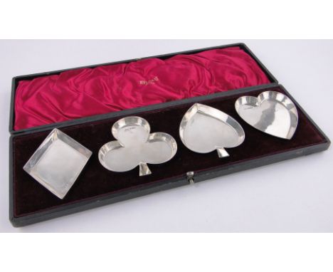 Cased set of 4 silver playing card motif dishes,Sheffield 1897, case marked Bulgari, length 10 cm each.