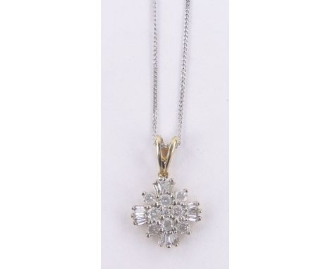 A 9ct gold diamond cluster pendant and chain,total diamond content approx. 0.5cts.