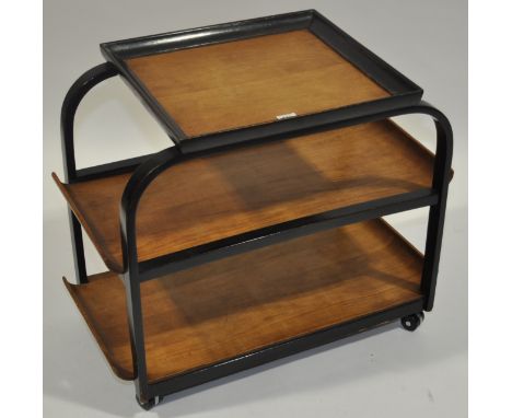 A 1920s/30s Thonet modernist Bent plywood 3-tier trolley,makers label to lower shelf, width 2'7", height 2'2", depth 1'6".