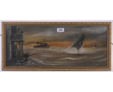 A watercolour of the sinking of a First World War U-boat,inscribed verso "Dover Patrol..." framed, length 23" overall.