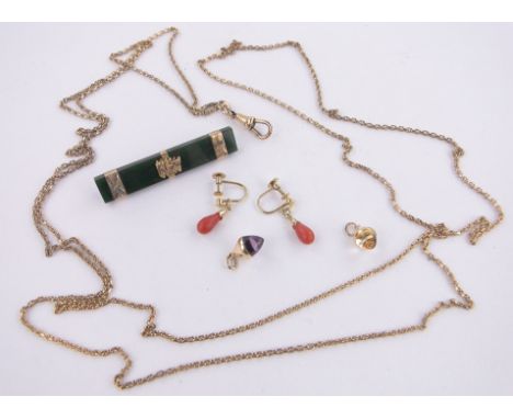 Box of various jewellery,including 14ct coral earrings, long guard chain, etc.